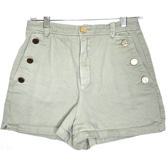 Zara Womens Shorts 8 Mint Green High Waisted Gold Button Military Sailor Cotton - Picture 1 of 8
